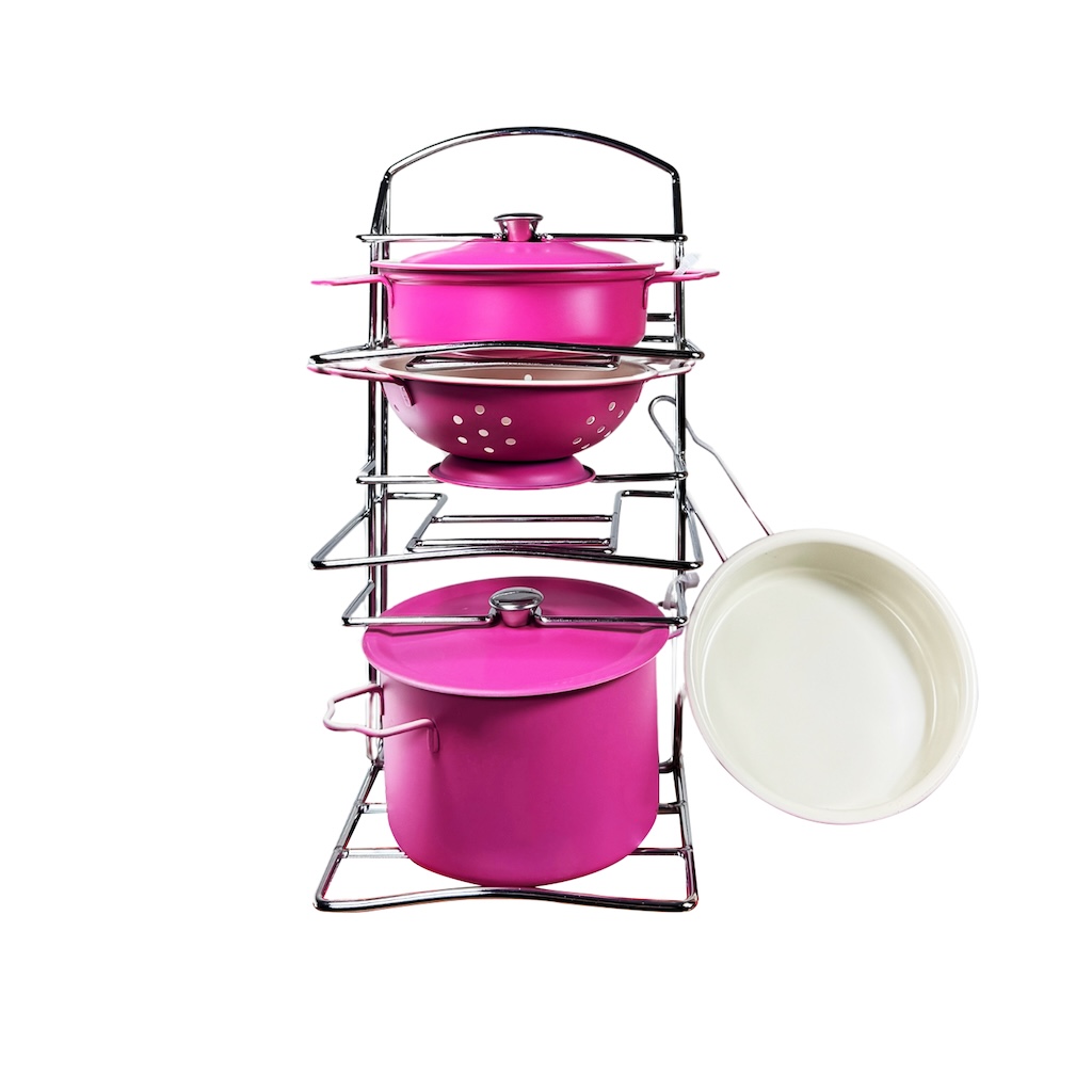 Vardem 7 Parça Raflı Pembe Emaye Tencere Tava Seti